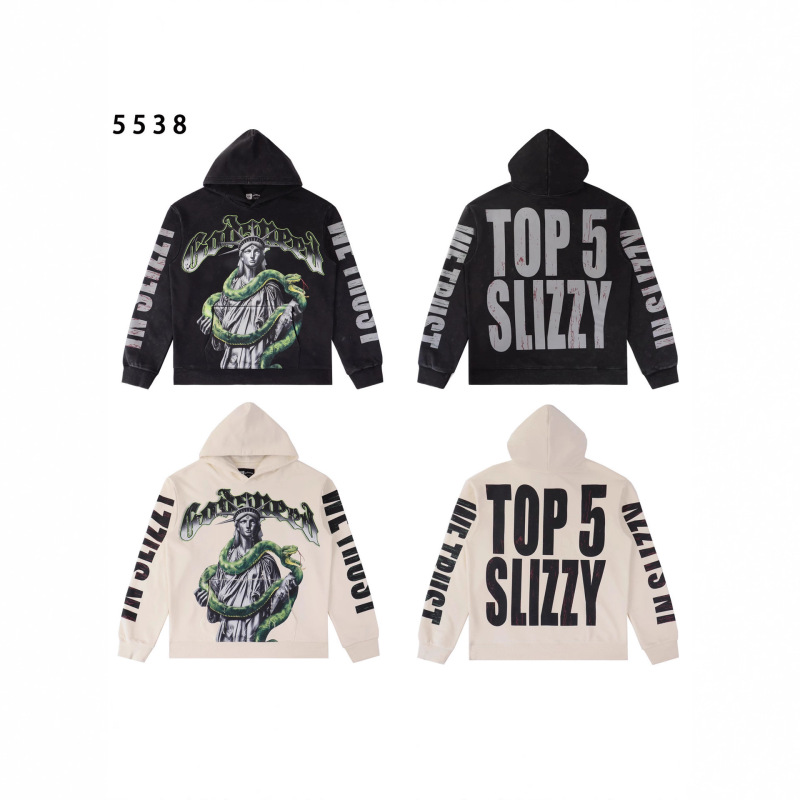 Godspeed American Trendy Rock Street Washed and Distressed Statue of Liberty and Snake Element Collision Printed Hooded Sweatshirt