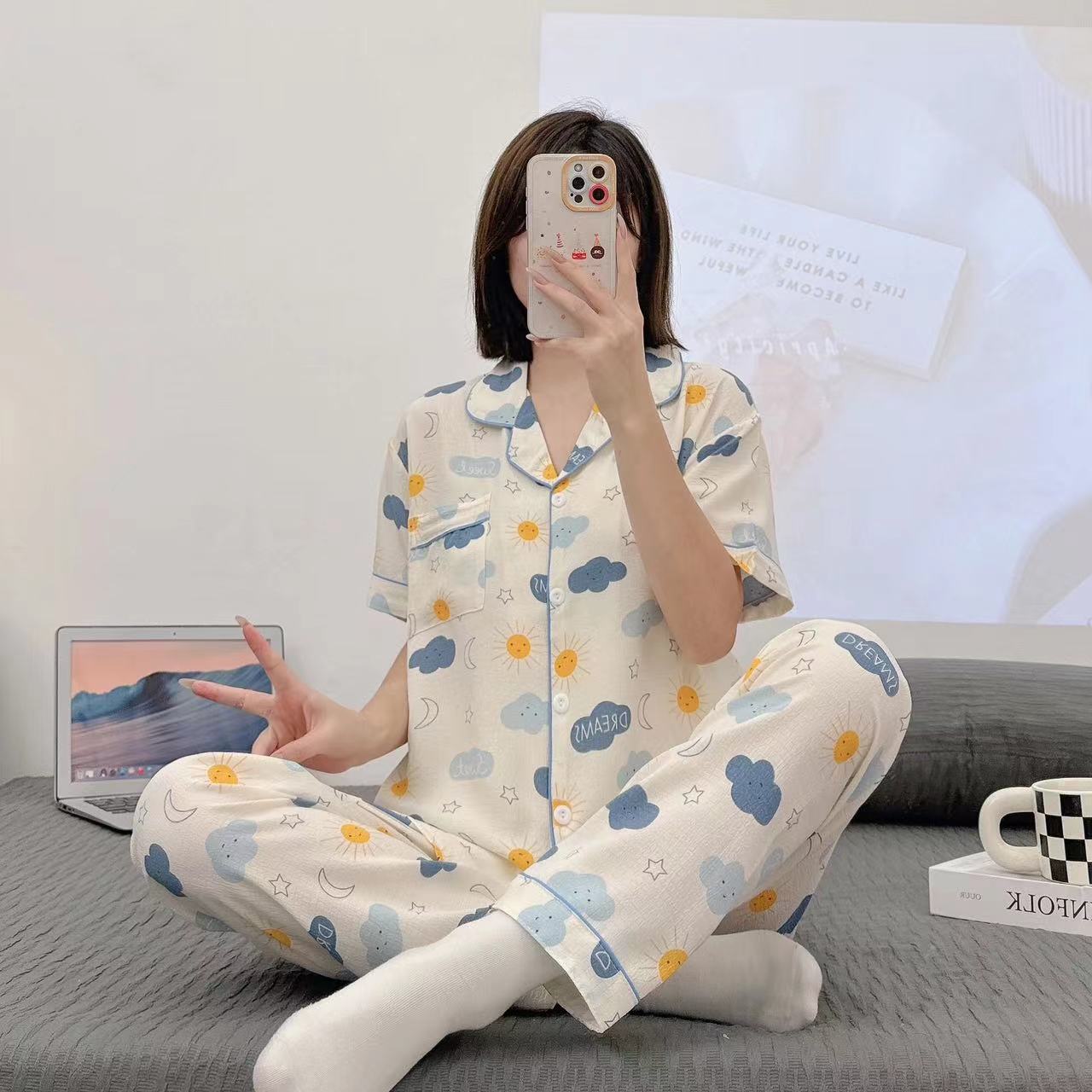 Pajamas de espuma tejidos de verano de algodón pantalones largos de mangas cortas ropa para el hogar de verano delgada de algodón conjunto de dos piezas