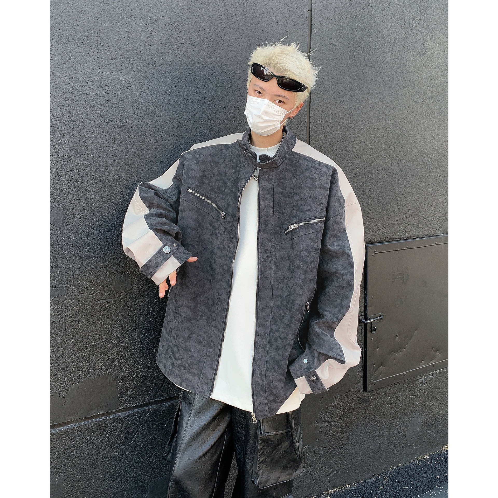 Vintage Texture Vintage Trendy Motorcycle Contrasting Splicing Jacket Jacket_voghion.com