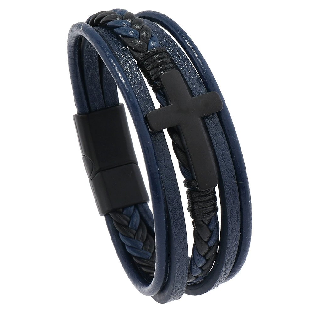 Men's PU Leather Bracelet RH360, Multi-Layer Beaded & Alloy Accents, 21.5 cm