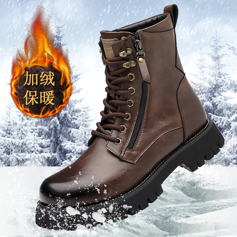 Large Size Men's Shoes, Men's Thick-Soled Motorcycle Boots, High-Top Work Shoes, Wear-Resistant Cotton Warm Leather Shoes Manufacturer Wholesale