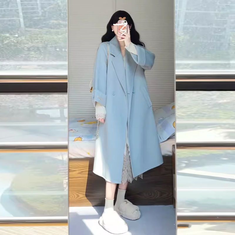 韩系高级感蓝色呢子大衣女秋冬季2025新爆款小个子毛呢外套中长款|undefined