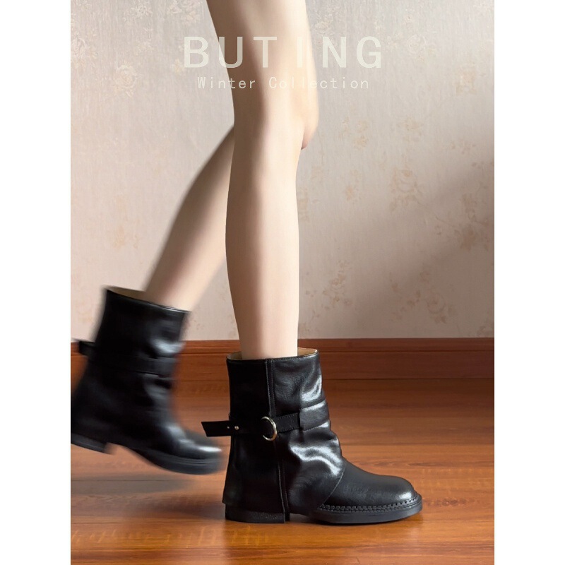 Cowhide Version ~ Genuine Leather Hot Girl Cowboy Boots Wasteland Style Short Boots for Women New Pleated Belt Buckle Pile Boots Trouser Boots Cowhide Version ~ Genuine Leather Hot Girl Cowboy Boots Wasteland Style Short Boots for Women New Pleated Belt Buckle Pile Boots Trouser Boots