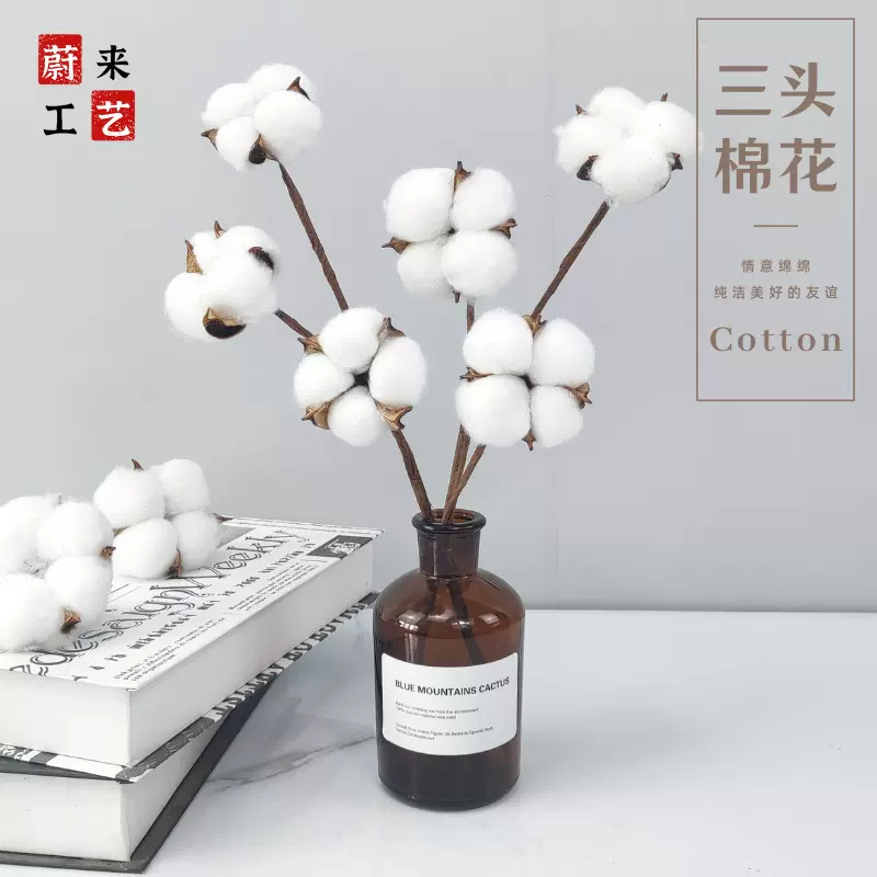 3头棉花 INS风 婚庆花束卧室家居摆件 仿真花 多头干枝棉花干花