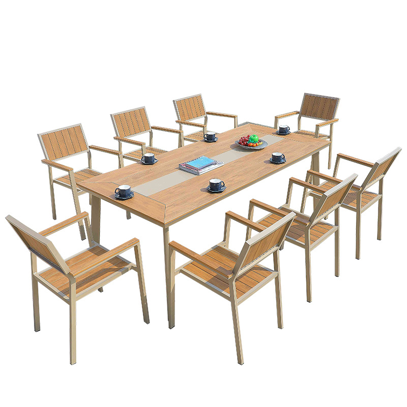 Mesa y silla de ocio al aire libre combinación de patio al aire libre jardín balcón impermeable anti-solar frente anticorrosión madera plástica mesa de madera