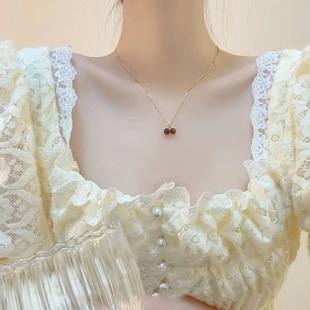 Entry Luxury Titanium Steel Niche Collarbone Chain Red Cherry Pendant Necklace Women's 2024 New Style Elegant Summer High-end Neck