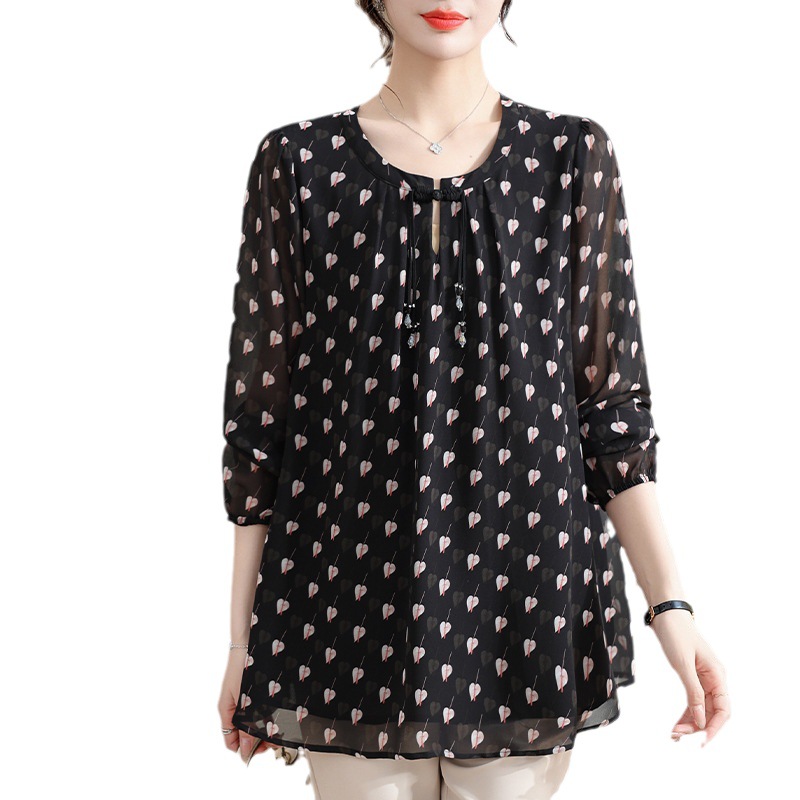 Early autumn loose slimming three-quarter sleeve chubby girl chiffon printed shirt top for moms middle-aged women's clothing