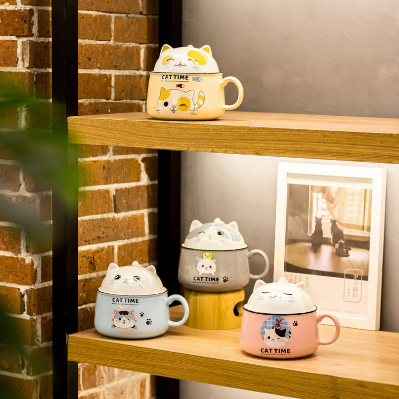 Taza de desayuno de caricatura de cerámica con tapa de alto valor de la oficina gatos creativos con mano mano mano mango de regalo tazón de porcelana image 5