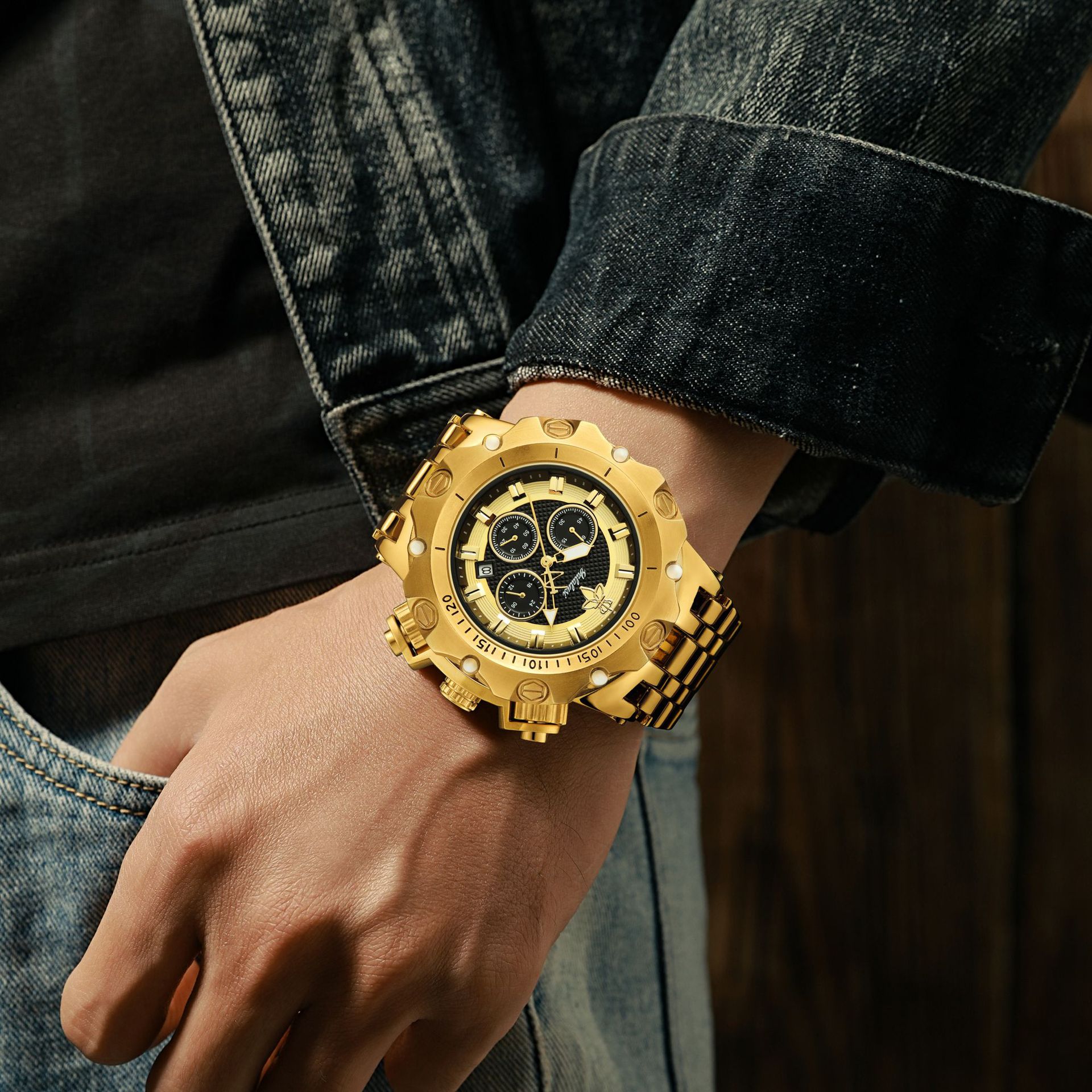 YaLalusi reloj de oro de lujo reloj multifuncional para hombres tres ojos cronógrafo reloj de negocios reloj transfronterizo europeo y americano