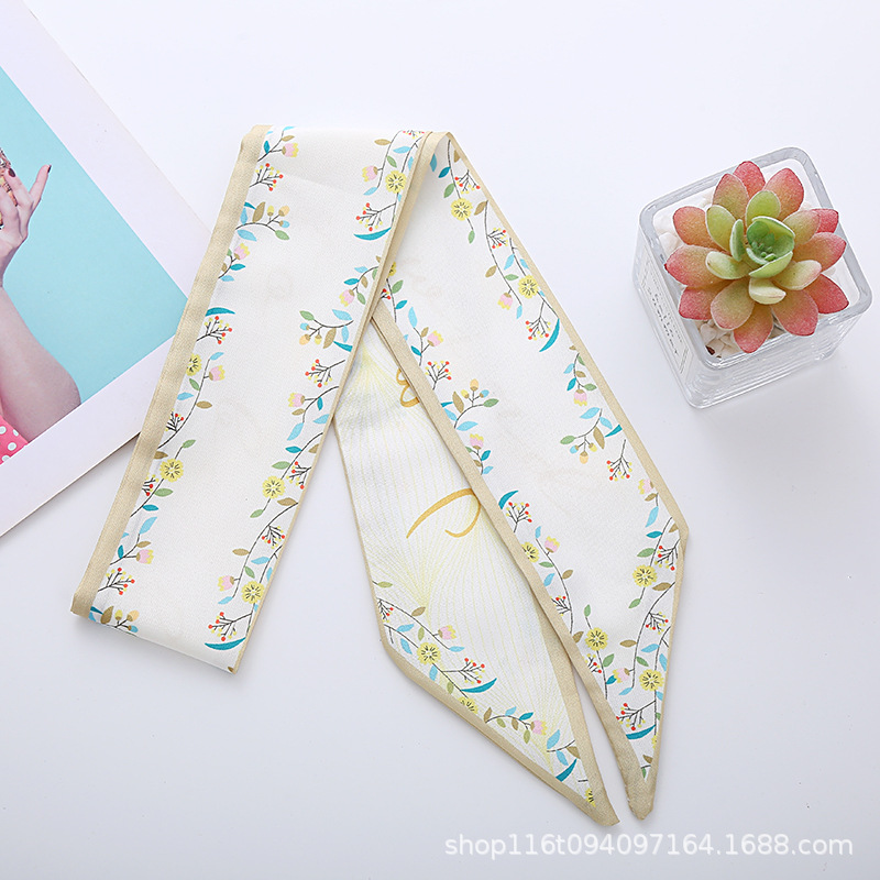Cinta de primavera impresión larga estrecha ángulo pequeña bufanda de seda elegante estilo coreano banda de pelo bolsa de accesorios para el cabello entrega de una sola pieza