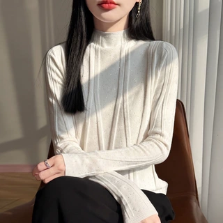 秋冬新款针织毛衣半高领女式针织衫亮片纯色 韩版打底衫毛衣