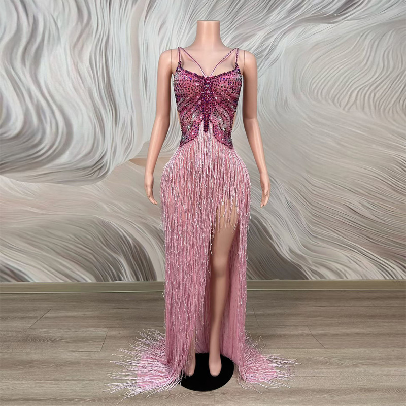 Beautiful Summer Dress with Colorful Rhinestones, Tassels, Slit, and Open Back, Suitable for Evening Parties, Annual Events, Red Carpet, and Solo Performances