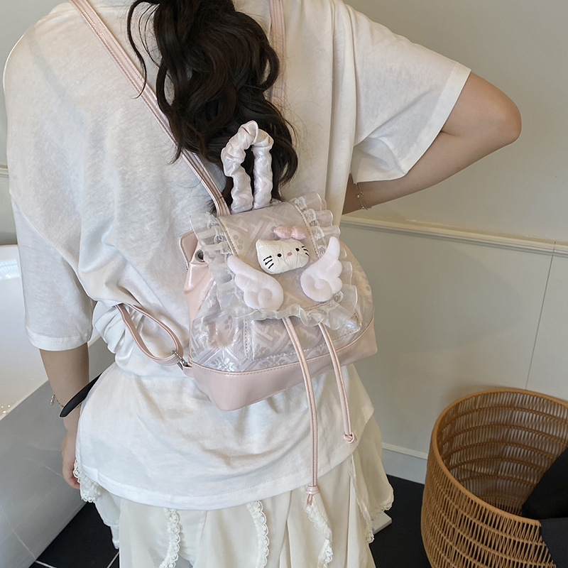 日本インかわいいレースの羽バックパック女性のための 2025 新しいキティ猫ファッションガール小さなバックパック|undefined