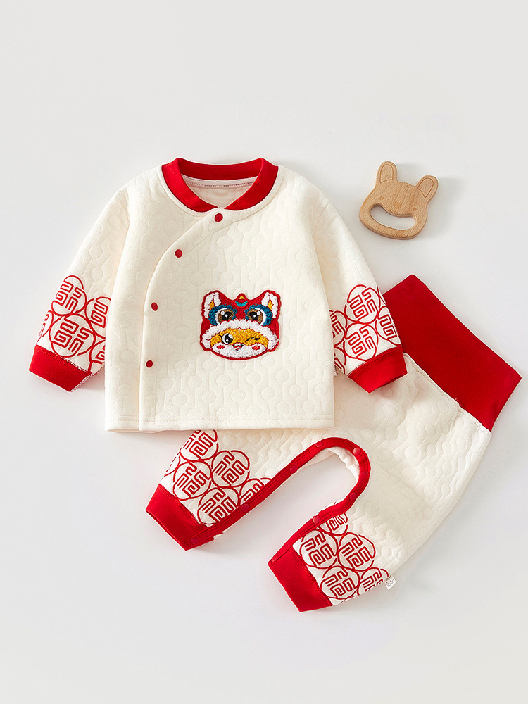 Baby Autumn and Winter Clothes Quilted Split Two-Piece Suit Autum Baby Warm High Waist Belly Protection Pure Cotton Red Intimates
