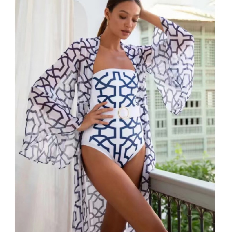 Women's Style Long Sleeve One Piece Swimsuit Printed Cover Up French Retro Fashion Swimwear_voghion.com