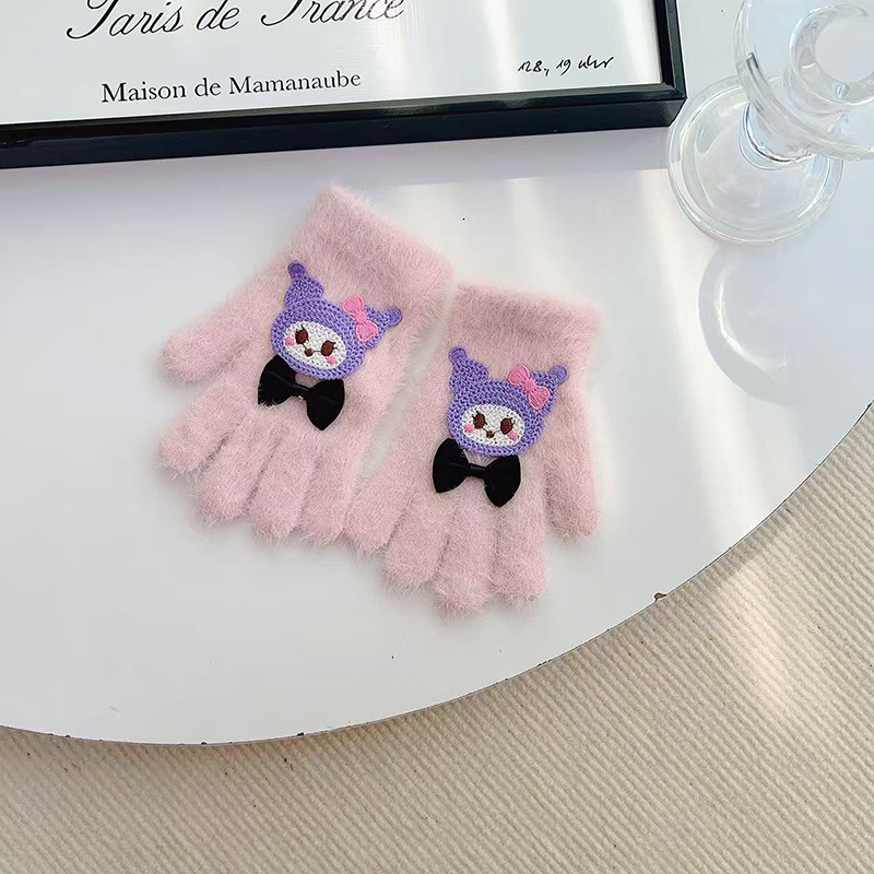 Guantes para niños otoño y invierno caliente corbata de dibujos animados galería de arroz dedo de las niñas guantes de punto de lana pelusa gruesa