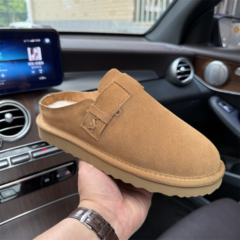 新款加绒拖鞋女雪地靴真皮保暖室外棉靴休闲后带包头牛皮编制防滑