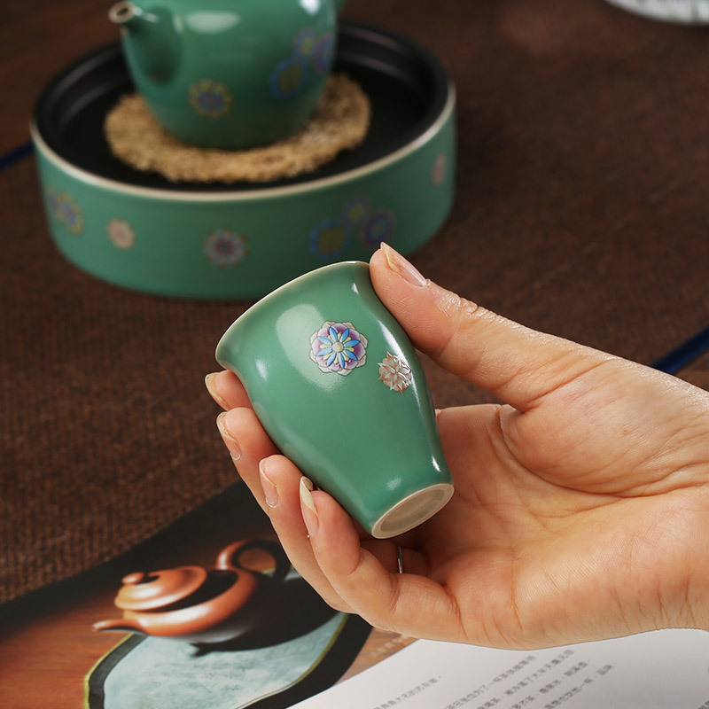 松石绿茶杯 陶瓷粉彩皮球花 茶盏功夫茶具品茗杯中式简约主人杯|ms
