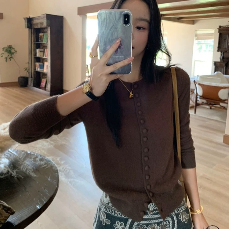 Gu Pan Sheng Clothing 100% Pure Cashmere Round Neck Knitted Cardigan Women's New Autumn and Winter Casual Sweater Jacket