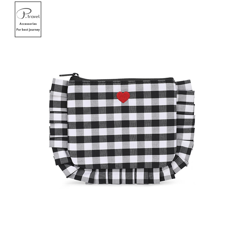 Black And White Checkerboard Large Capacity Simple Style Storage Cosmetics Portable Petty Bourgeoisie Private Aunt Towel Storage Bag Lipstick