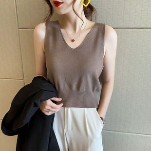 Foreign Trade Ice Silk Camisole Women's 2025 Summer New Suit with V-neck Knitted Base Shirt Top for Outer Wear