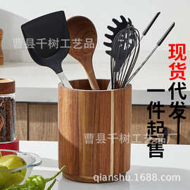 现货合欢木木制餐具收纳盒可旋转餐具存储和圆形桌面实木厨具盒