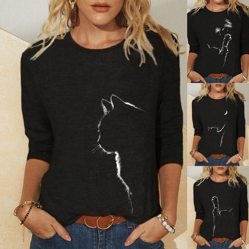 Wish Amazon Ebay Knitted Long-Sleeved Animal Print Round Neck Women's Casual T-Shirt Women's European and American Export Style