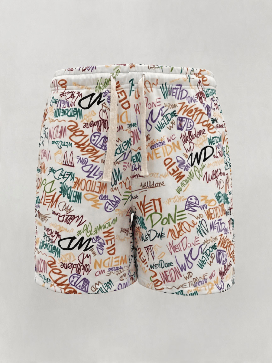 Retro Full Print Graffiti Lettering Men's Summer Shorts, High Street Loose Fit Straight Leg 5-Point Shorts_viptrois.com