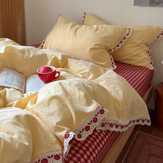 软乎乎~少女心水洗棉床单四件套镂空花边被套南通床上用品三件套4