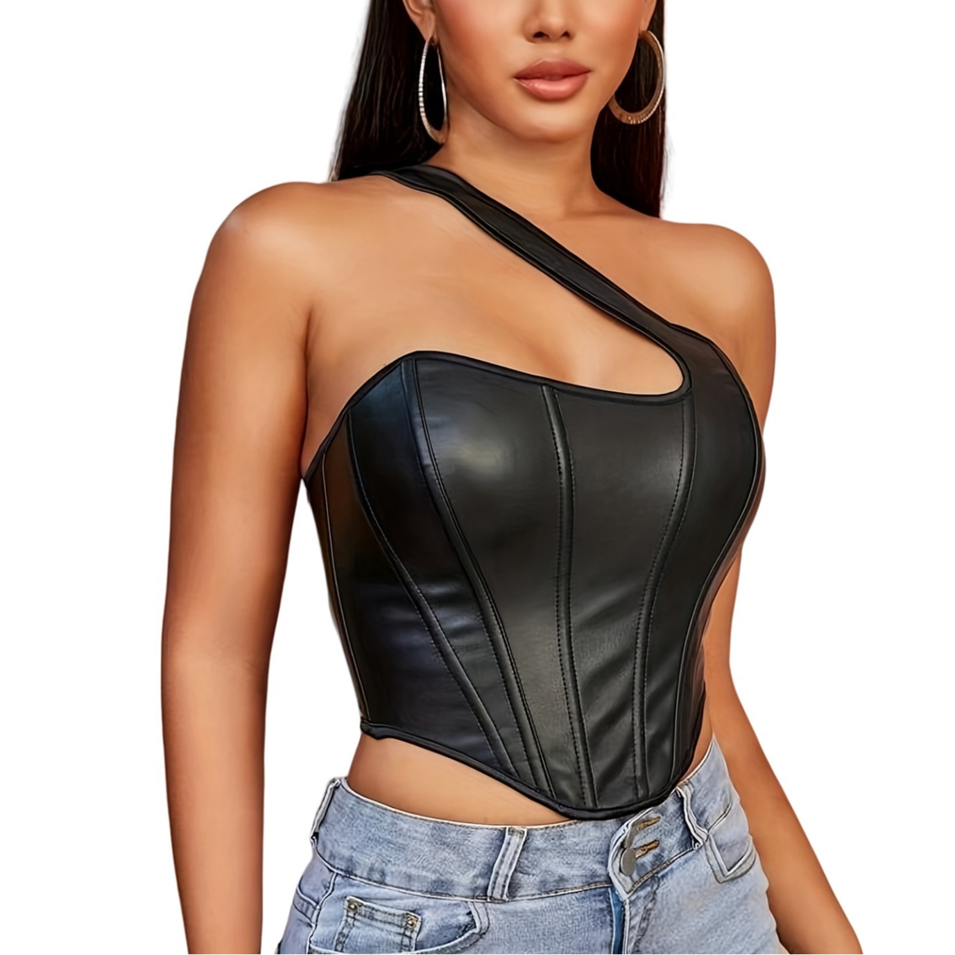 New European and American Cross-Border Pu Leather Body-Shaping Top, One-Shoulder Vest, Fashionable Women's Fishbone Bra, Sexy Backless Corset