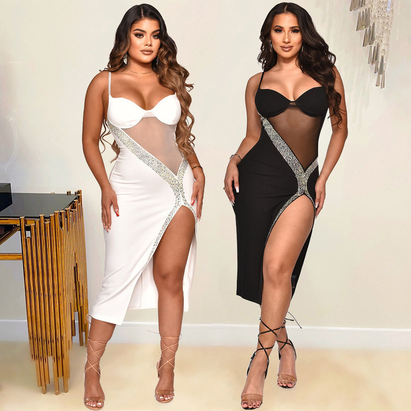 Os6647 Cross-Border Summer New Product Amazon European and American Clothing Fashion Sexy Suspender Hot Diamond Slit Dress for Women