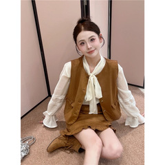 深圳南油美拉德穿搭一整套法式小香风棕色无袖马甲上衣女两件套裙
