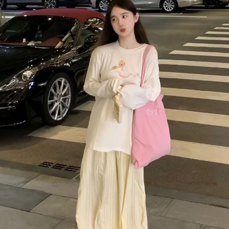 潮牌印花圆领长袖T恤女棉白色打底早秋冬内搭oversize上衣|undefined