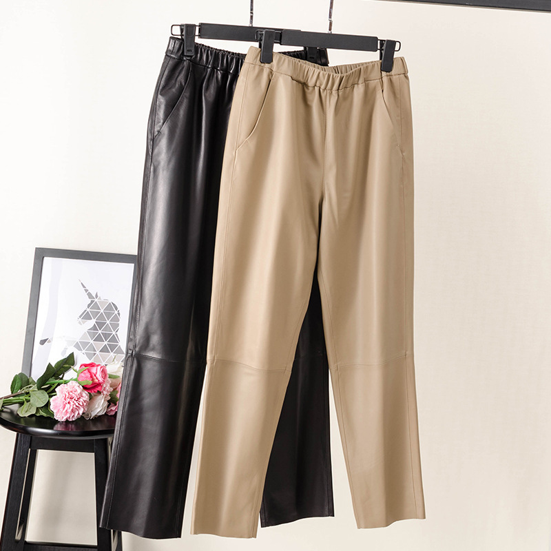 Spring and Autumn New Genuine Leather Pants Women's Sheepskin Casual Pants Elastic Waist Nine-Point Pants Straight-Leg Leg Loose Manufacturer