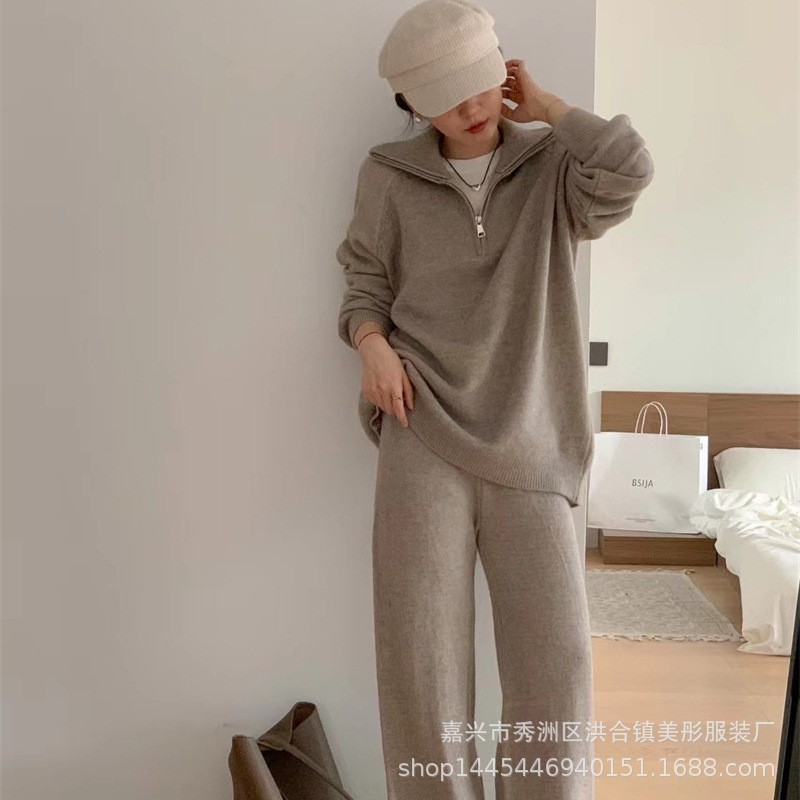 跨境新款欧美风针织套装女秋冬立领半拉链套头毛衣+阔腿裤两件套