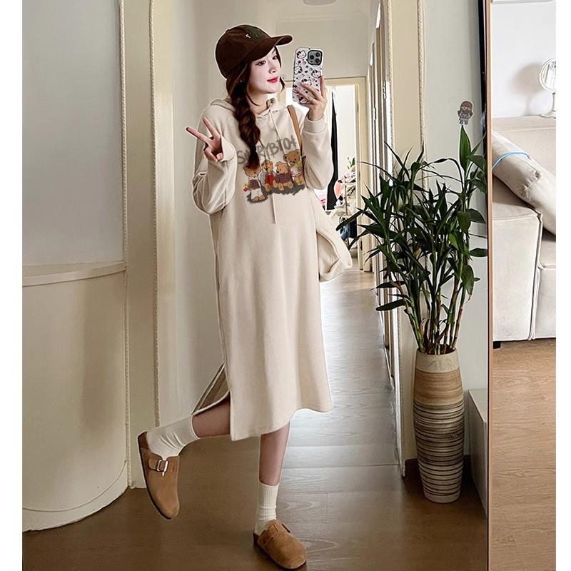 2025년 신상 임산부복 봄복 투피스 슈트 패셔너블 후드 레이지 가을 겨울 두꺼워진 스웨터 스커트