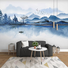 古风中式客厅电视背景墙壁纸雾霾蓝抽象意境墙布水墨山水影视壁画