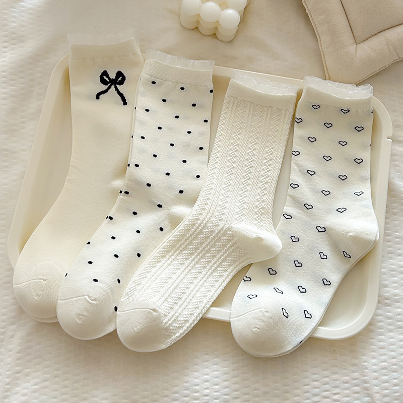 Socks Women's Stacked Socks Spring and Summer Thin Cream Japanese Cute Bow Poll Dot Love Lace Mid-Tube Socks
