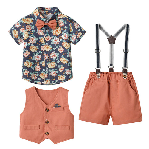 Korean style short-sleeved boys' shirt with suspenders and shorts suit  summer children's vest flower cardigan retro suit