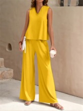 N 44261 Elegant Round Neck Vest and Wide Leg Pants Set ��ɫ