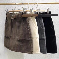 Girls' Autumn/Winter New Semi-Permanent Skirt, Corduroy, Fleece Lined, Large Pockets, Elastic Waist, A-Line, Booty Skirt for Middle Kids