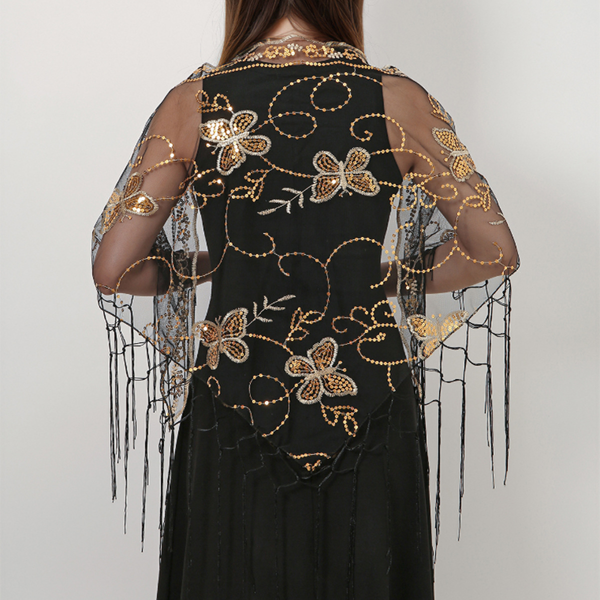 Nuevas pañuelas de malla mariposa triángulo toalla de hombro de verano con un vestido de baile cheongsam con bordas con chalelas de boda lotes