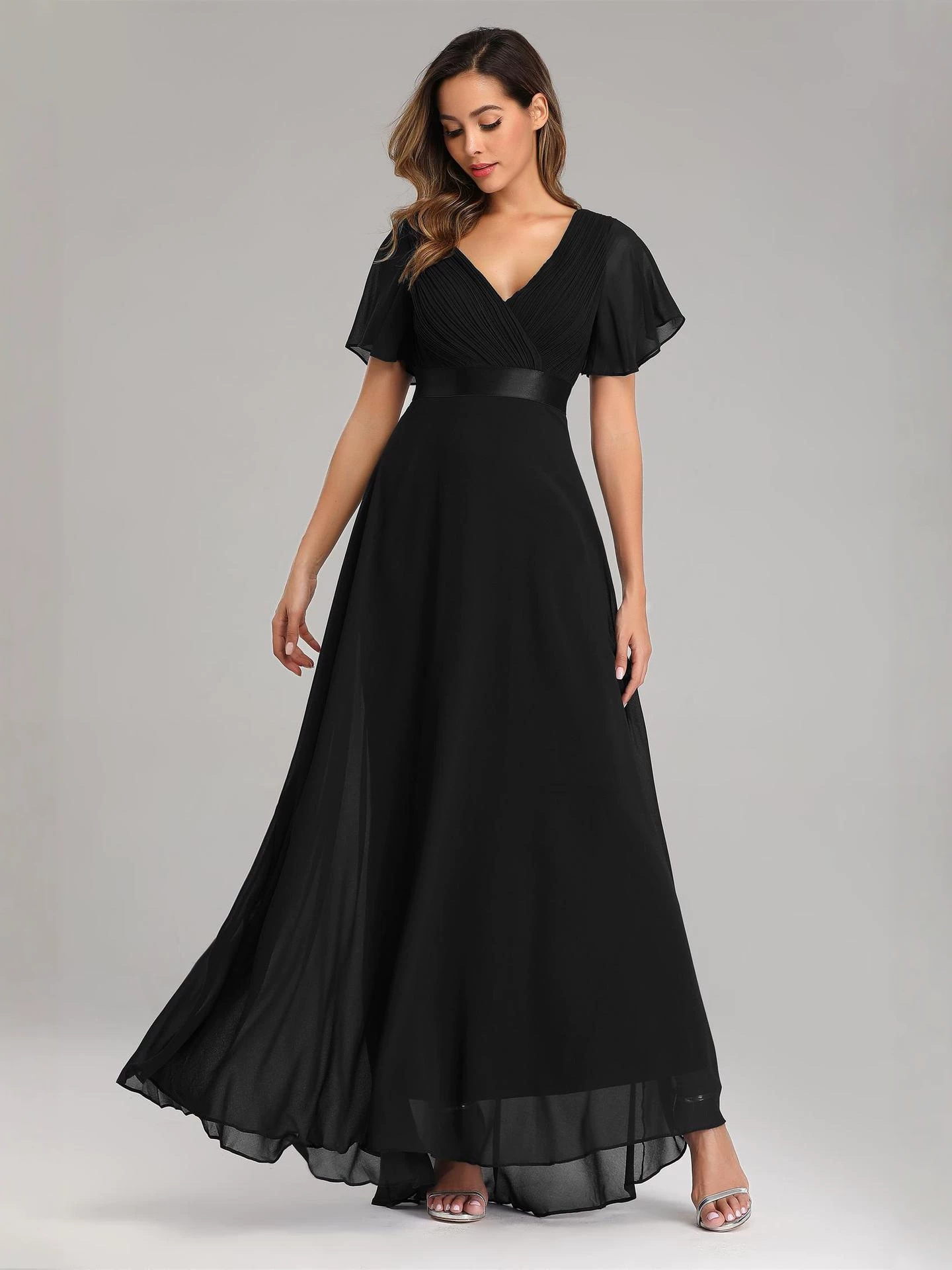 Vestido de Noche de Gasa Elástica con Pliegues, Doble Cuello en V, Manga Acampanada y Dobladillo Grande, Hecho a Mano, Tallas Grandes, para Banquete o Dama de Honor, Colección Primavera/Verano 26 image 6