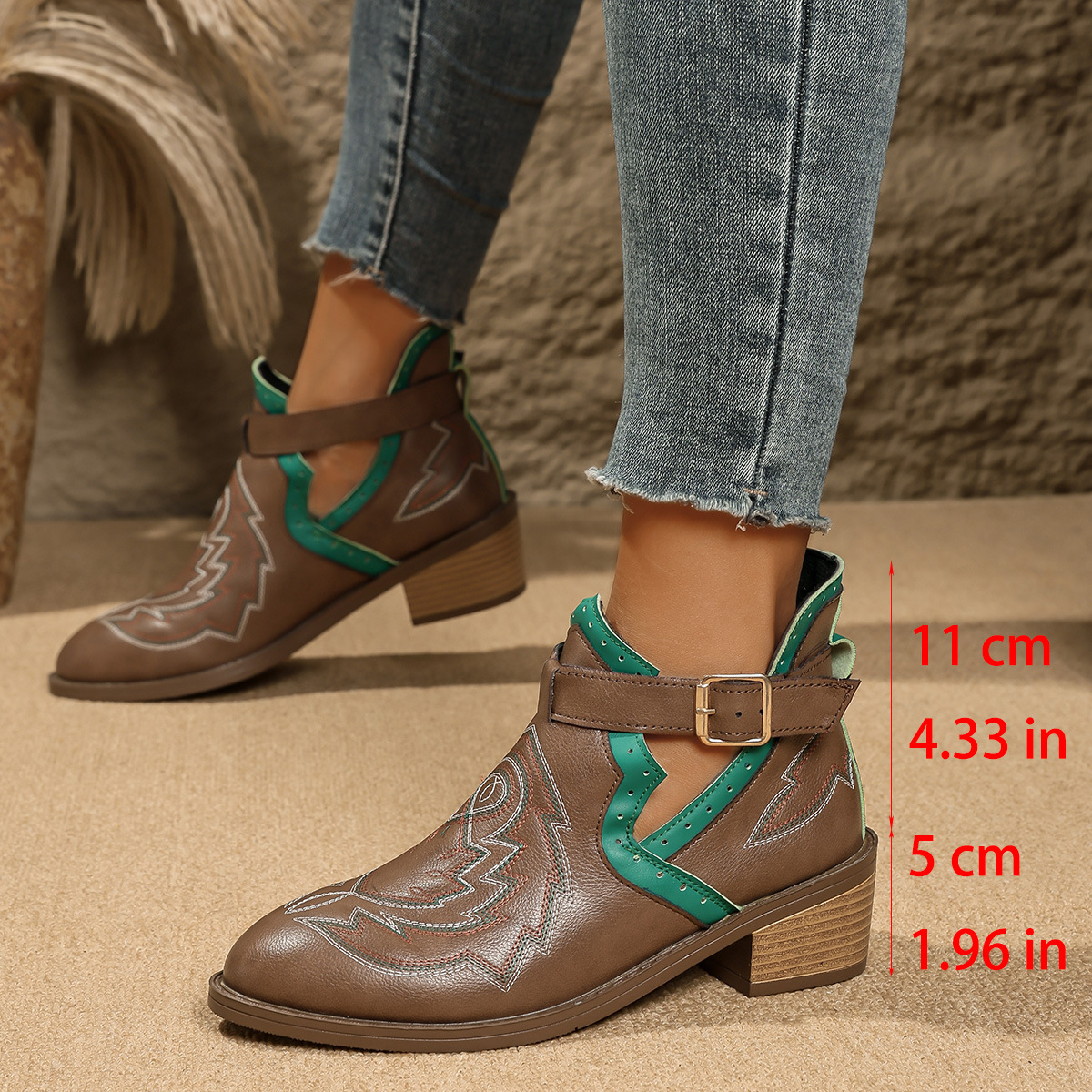 Women's Retro Embroidered Color Block Mid Heel Ankle Boots Plus Size British Style Martin Boots Autumn New Style_vogvips.com