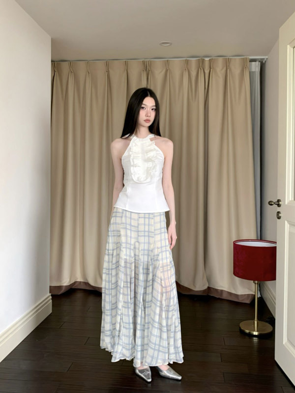 格子半身裙女设计感小众不规则长款鱼尾裙a字裙微透网纱大摆裙夏|undefined