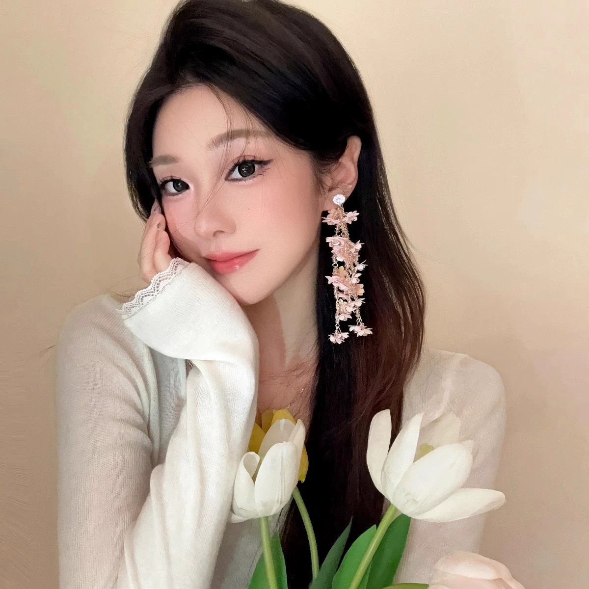 Супер сказочные розовые цветочные длинные серьги с кисточками для женщин, милые серьги в стиле летних каникул, свежие украшения для ушей оптом