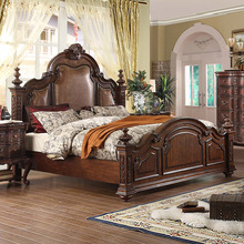 美式实木真皮床双人床1.8米主卧雕花欧式床柱子床婚床复古皮艺床