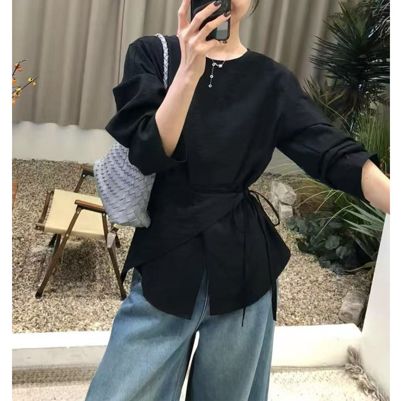 秋季法式气质设计绑带黑色圆领时尚休闲高级收腰显瘦长袖上衣女潮|undefined