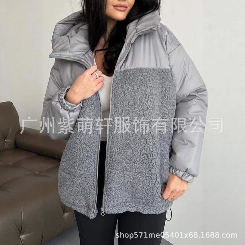 2025欧美INS羊羔毛拼接加棉加厚连帽外套秋冬新款欧美女士棉服|undefined
