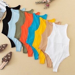 in stock European and American style summer cross-border women's sexy body shaping shoulder-length round neck solid color sleeveless base jumpsuit wholesale